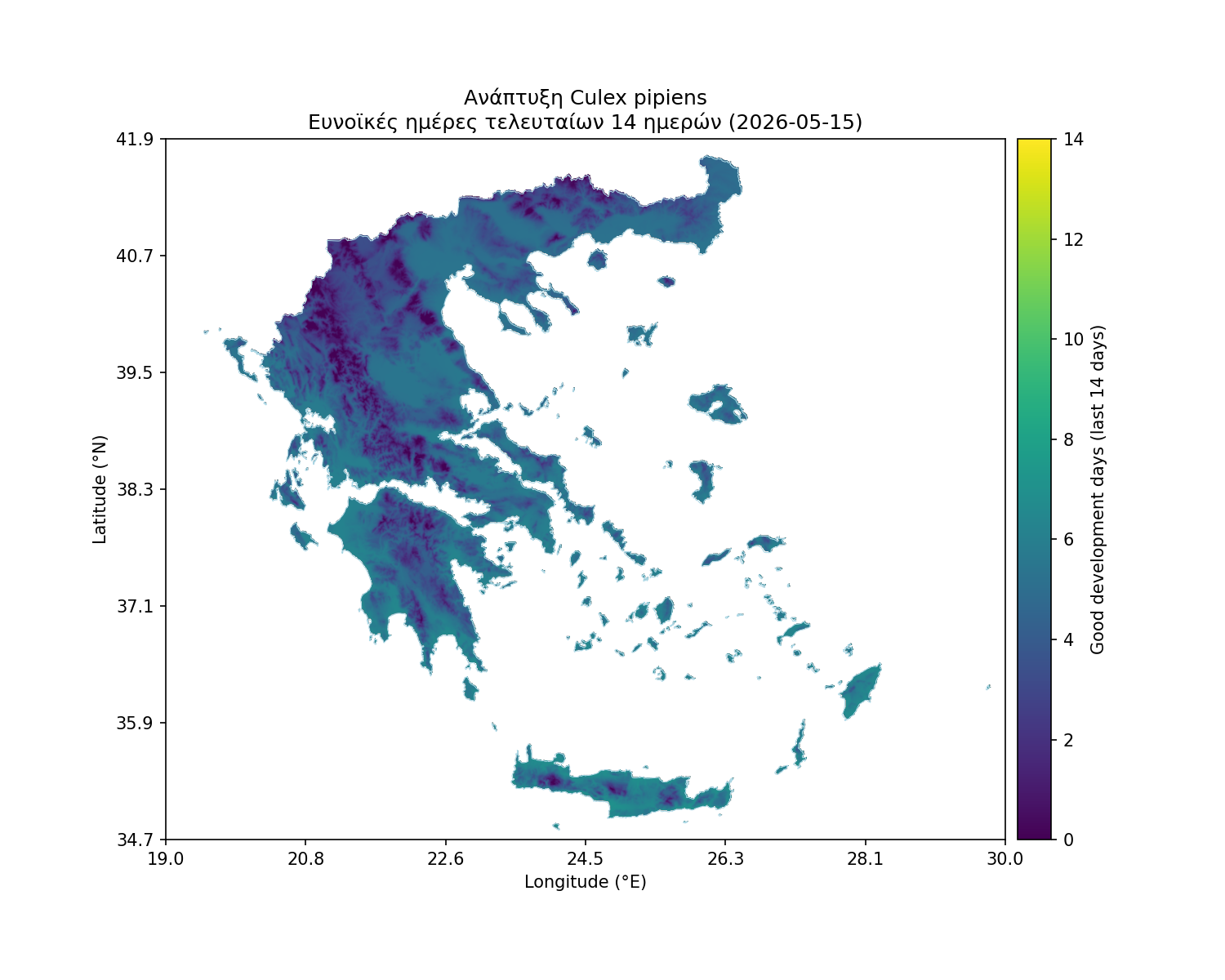 Χάρτης καταλληλότητας: Culex pipiens - Ανάπτυξη, ευνοϊκές ημέρες 14 ημερών