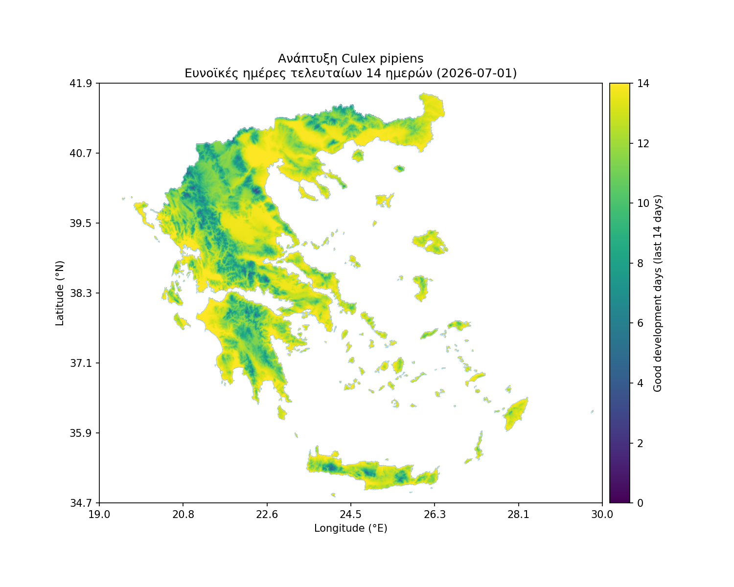 Χάρτης καταλληλότητας: Culex pipiens - Ανάπτυξη, ευνοϊκές ημέρες 14 ημερών