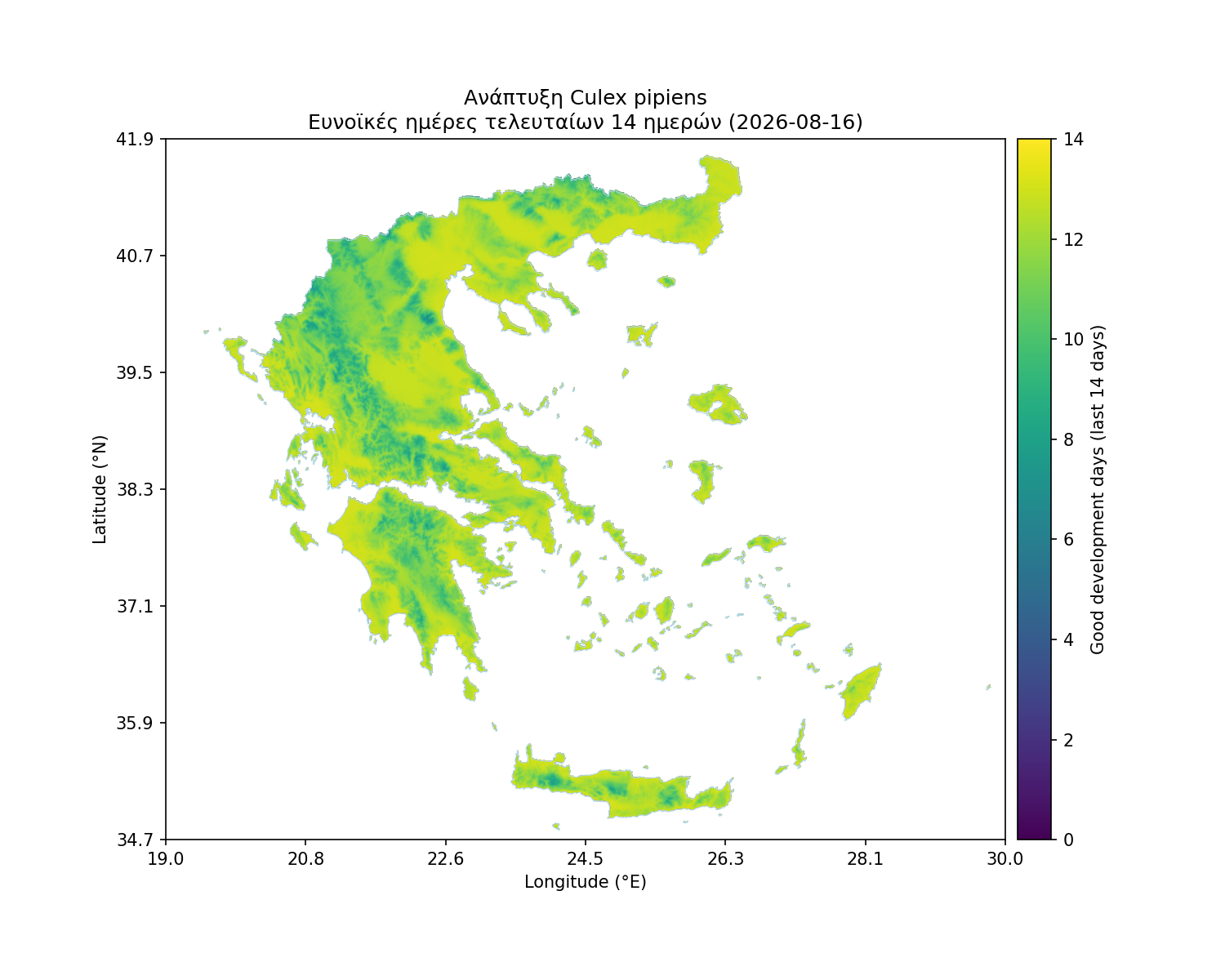 Χάρτης καταλληλότητας: Culex pipiens - Ανάπτυξη, ευνοϊκές ημέρες 14 ημερών